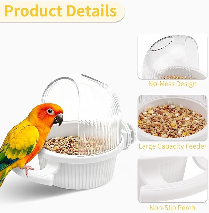 Litewoo No Mess Bird Feeder for Cage Parrot Feeder with Dispenser Multifunctional Bird Seed Food Water Bowl for Parrot Lovebird Budgie Finch Parakeet Conure Cockatiel (White)