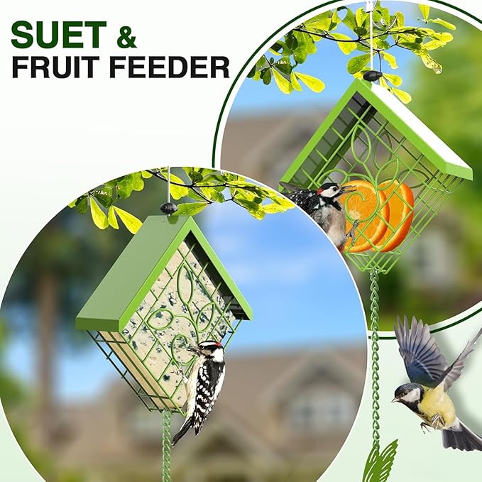 FlowaFoli Suet Bird Feeder for Outside, Metal Suet Feeder for Outside Hanging, Single Suet Cake Capacity, Fruit and Suet Feeder Style for Outside Hanging(Green)