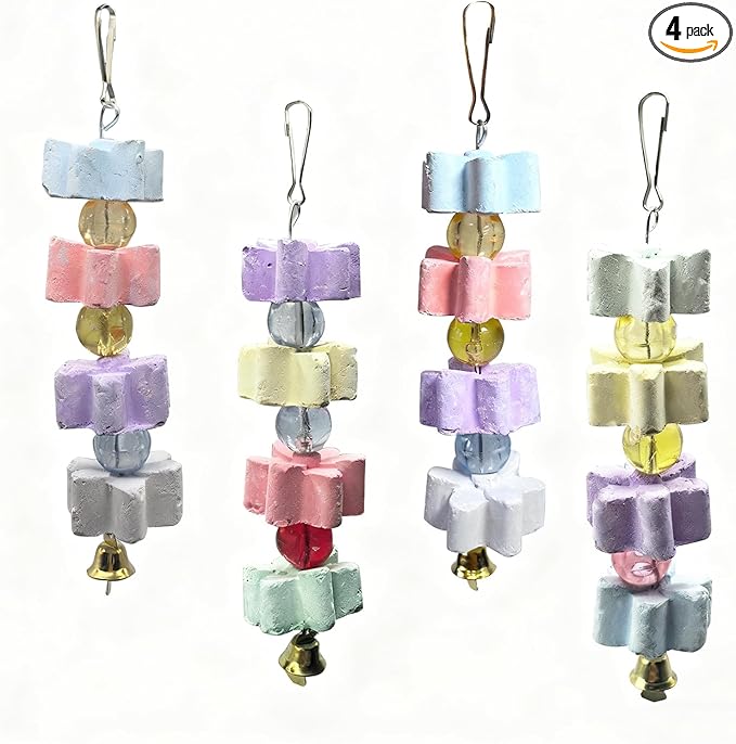4Pieces Parrot Beak Trimmer Bird Beak Grinding Stone Teeth Lava Block Mineral Calcium Rock Chewing Toys with Bell for Parakeet Conure Budgies Rabbit Chinchilla Hamster