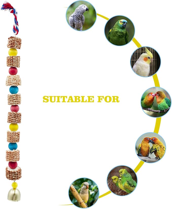 2 Pack Chew Toys for Birds, Parrot Toys with Colorful Beads Natural Corn Cob and Metal Bell, Bird Toys, Cage Accessories for Budgies, Cockatiels, Lovebirds, Green Cheeks, Small to Medium Birds