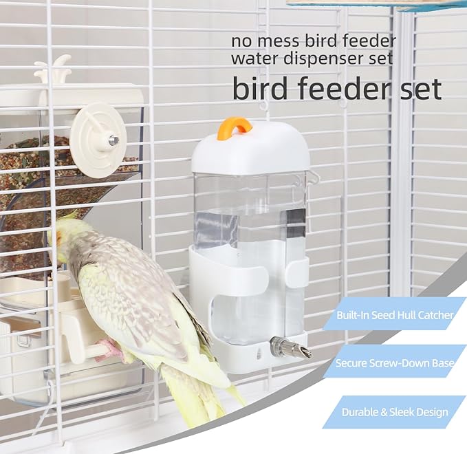 No-Mess Bird Feeder & Waterer Set for Cage, 300ml Auto Feeder with Seed Hull Catcher & 400ml Stainless Steel No-Backflow Drinker, for Cockatiels Conures Parakeets