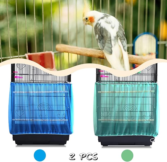 Daoeny 2Pcs Universal Bird Cage Cover, Adjustable Seed Feather Catcher, Soft Airy Nylon Mesh Parrot Net, Birdcage Cover Skirt Sheer Guard for Round Square Cages (Green+ Blue)