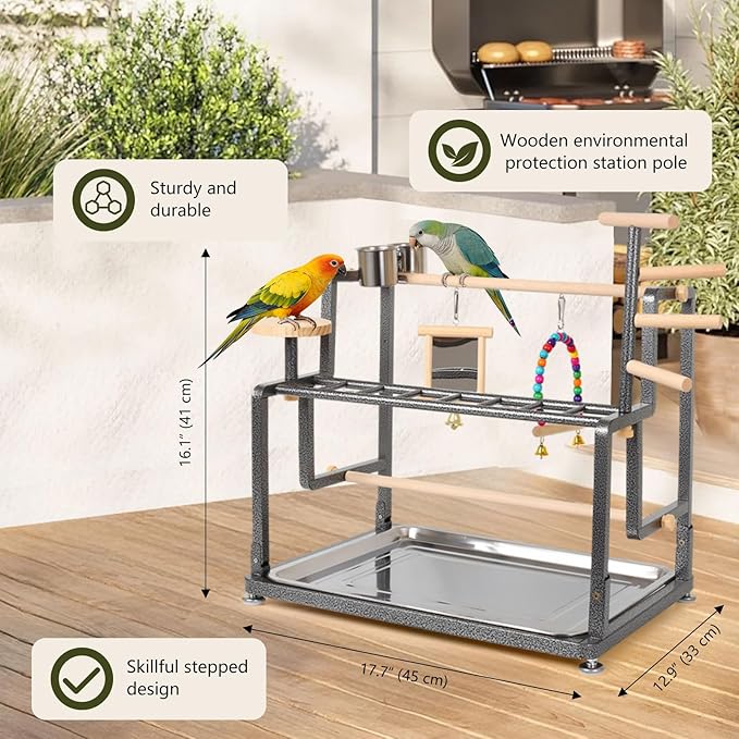 halinfer Bird Playground for Indoor Use, Bird Playstand with Ladder for Small to Medium Size of Cockatiel Parakeet Conure (Metal Ladder Version)