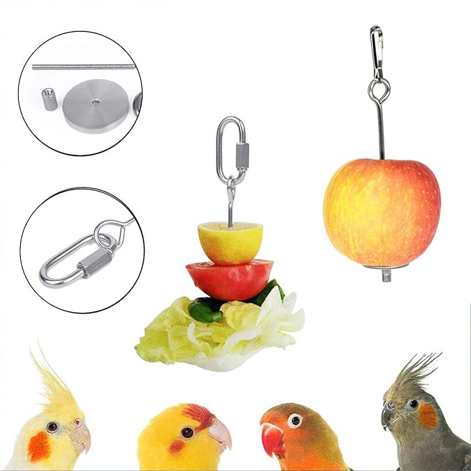 2 Pack Bird Food Bowl with 1 Fruit Skewer Holder, Stainless Steel Parrot Feeder with Clamp for cage,Stainless Steel Bowls for Cats and Dog, Bird Cage Food Water Bowls