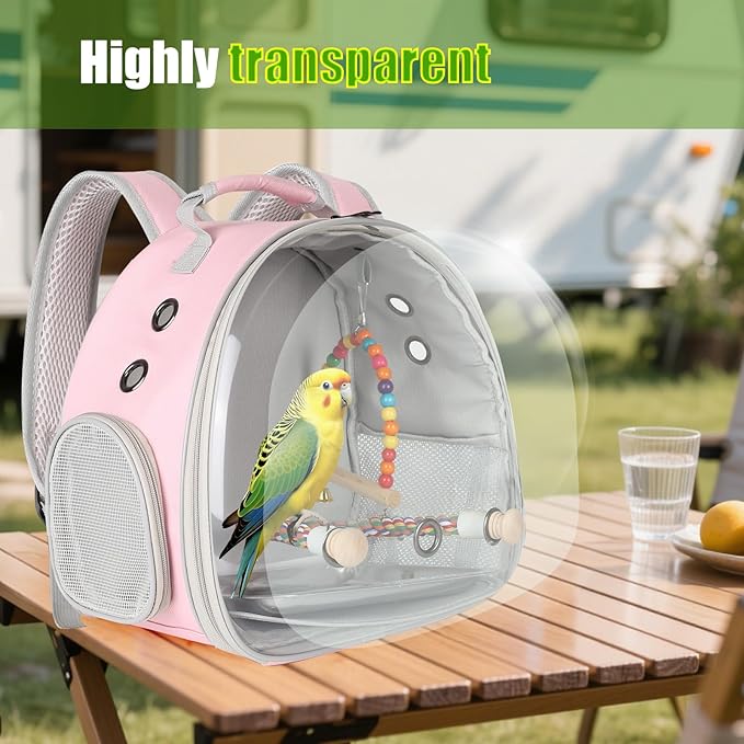 Portable Parrot Travel Cage Carrier with Small Swing Toy&Cage Colorful Toys Set Small Bird Parakeet Bag with Standing Perch Bird Carry Transport Bag (Pink, Backpack/Swing)