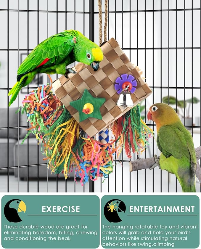 Bissap Bird Chew Toys, Parrot Foraging Shredder Natural Palm Frond Hanging Cage Toy for Conure Lovebird Budgie Cockatiel African Gray Cockatoos Amazon and Similar Sized Pet Birds - Flat Square