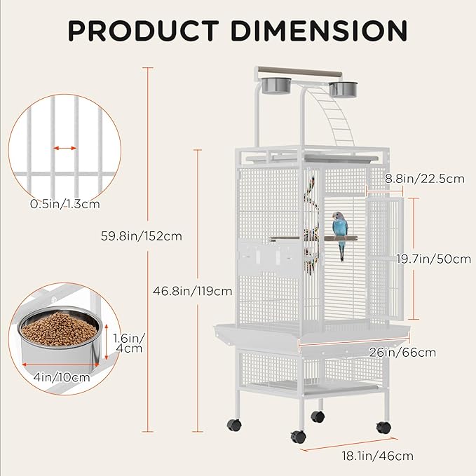 Spacious 60 Inch Wrought Iron Bird Cage with Rolling Stand – Playtop Design, 4 Stainless Steel Bowls, Slide-Out Tray – Parrot Cage for Cockatiel, Conure, Budgie, Lovebird, Canary – White