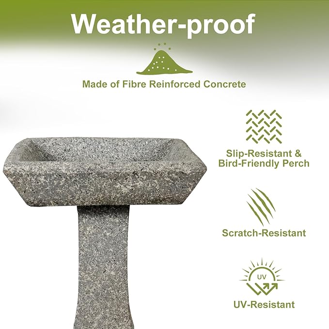 SKYFIRE 22.8" Tall Square Bird Bath, Concrete Freestanding Pedestal Birdbath, Modern Granite-Look Outdoor Bird Bath Bowl for Garden, Patio, Yard & Lawn Decor - 15" Dia. x 22.8" H