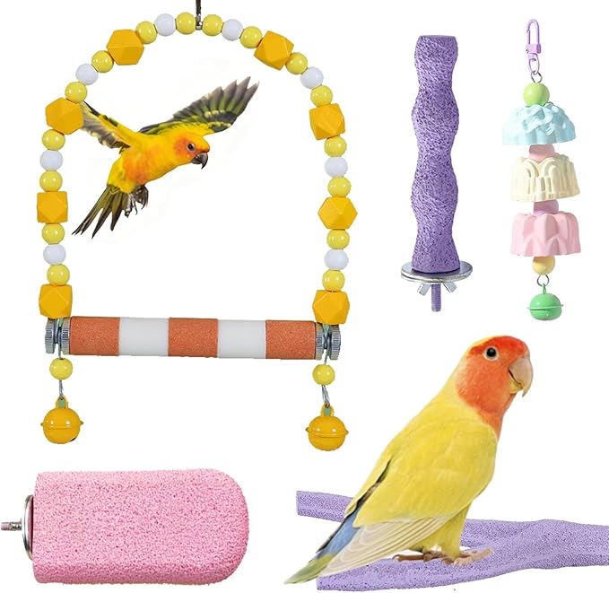 5 Pack Birds Beak Grinding Stone, Calcium Beak Claw Grinding Sticks, Cage-Mounted Parrot Stand Swing, Paw Trimmer Grinding Stone, Bird Perch Stand Toys Accessories