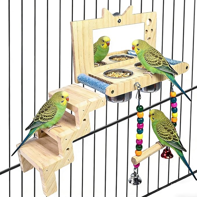 kathson Bird Perches Cage Toys with Bird Climbing Ladder Swing Mirror,Wooden Parrot Perches Platform with Feeding Cups,Parakeet Play Gyms Exercise Stands Cage Accessories for Lovebird,Budgie,Cockatiel