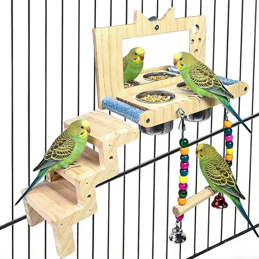 kathson Bird Perches Cage Toys with Bird Climbing Ladder Swing Mirror,Wooden Parrot Perches Platform with Feeding Cups,Parakeet Play Gyms Exercise Stands Cage Accessories for Lovebird,Budgie,Cockatiel
