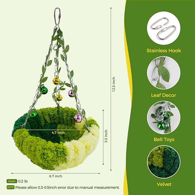 Admaison Bird Nest with Bell for Cage,Plush Hanging Bird Bed for Parakeet Indoor & Outdoor,Breeding Bird House for Conure,Budgie,Cockatiel,Lovebird,Canary,Finch,Hamster,Small Pets,Warm Nest,Green L