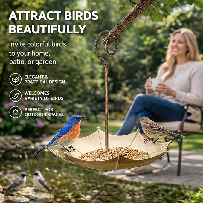 Mini Umbrella Bird Feeder Whimsical Garden Charm Hummingbird Feeders Station for Outdoors Hanging Metal Tray Birds Bath Waterer Shade Cover Garden Gifts for Wild Patio Yard Tree Decor