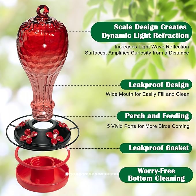 20 oz Hand-Blown Glass Hummingbird Feeder, Hanging Hot Air Balloon Design, Leak-Proof Silicone Seal, Ant-Proof, Outdoor Garden Decor Gift for Mom, Red