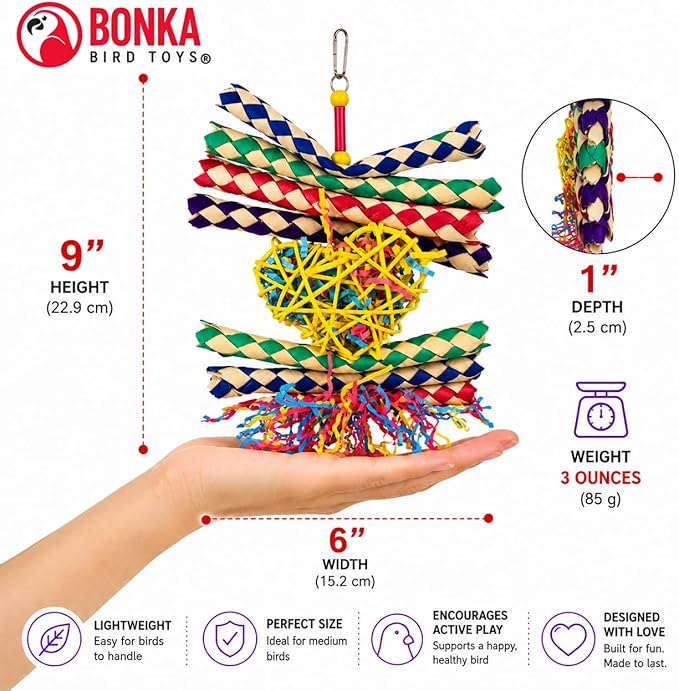 Bonka Bird Toys 1730 Foraging Valentine Heart Bird Toy for Medium Birds Shredding and Chewing Cage Toy Colorful Palm Leaf and Paper Foraging Toy 9" x 6"
