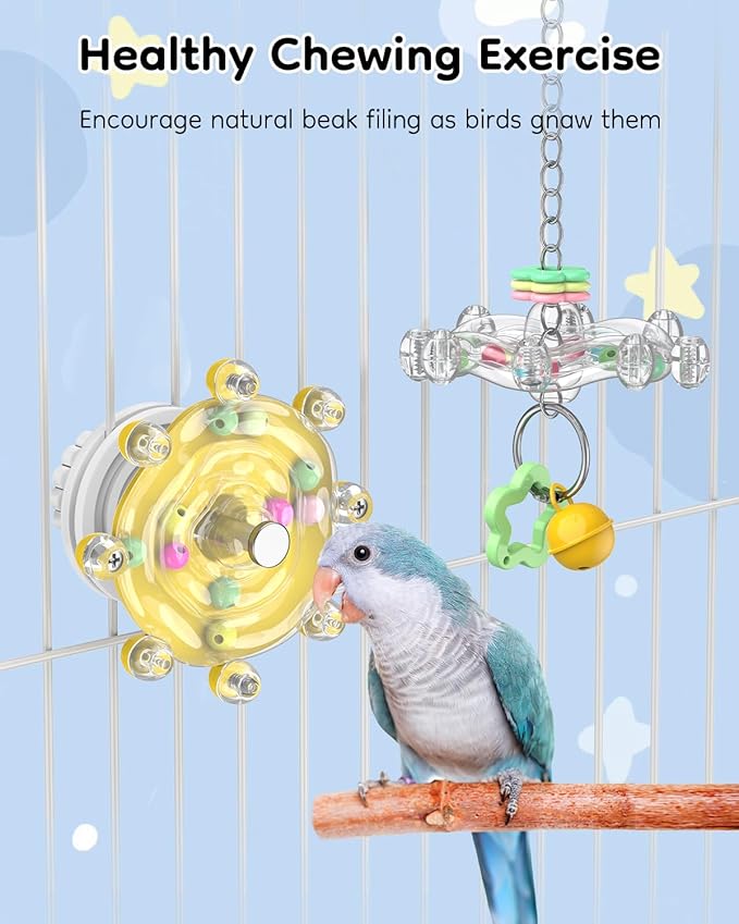 Pawfly 2 Pcs Bird Toys for Parakeets, Colorful Spinning Wheel Chew Toys, Interactive Spinner Rattle Parrot Toys, Cockatiel Toys, Parakeet Toys, Bird Cage Accessories for Entertainment Chewing Exercise