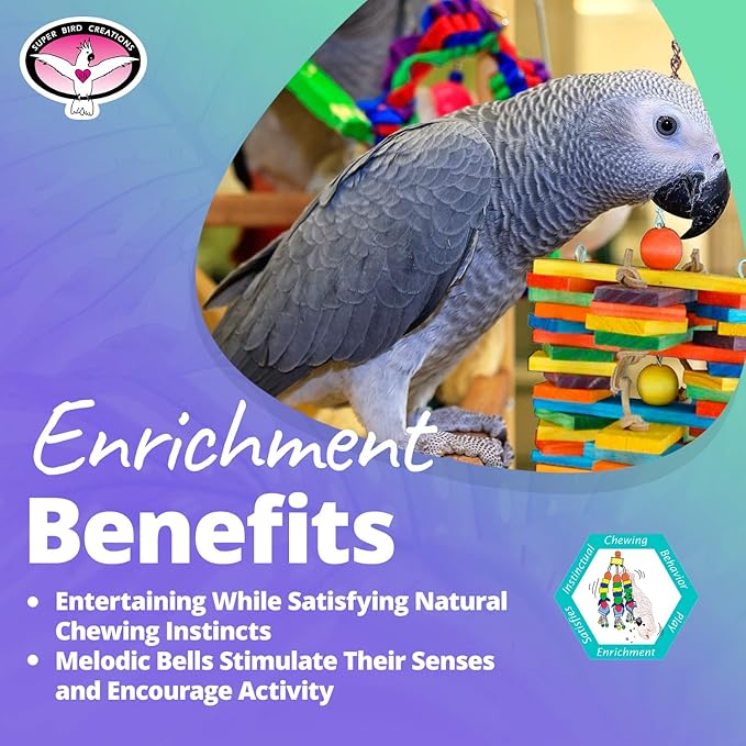 Super Bird Creations SB399 Woodpile Bird Toy - Vibrant Bird Toys for Mini Macaws, African Greys, Small Cockatoos, Parrots - Enriching Bird Toy with Chewable Elements - Large to XL Bird Size
