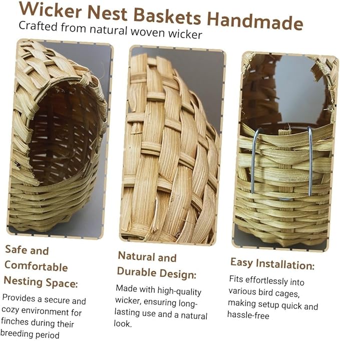 Wicker Nest Baskets for Nesting Finches - 2pcs of Durable Wicker and Comfortable Exotic Bird Nest for Cage, Designed for Finches and Canaries, Perfect Bird Cage Accessories for Small Birds