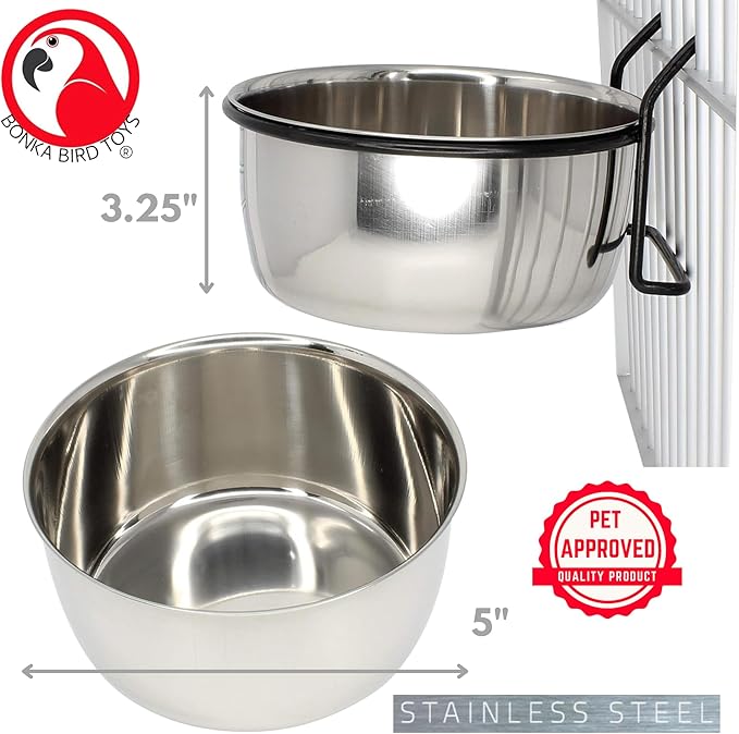 Bonka Bird Toys 3497 20oz Stainless Steel Hook Cup with Powder-Coated Black Hanger for Medium to Large Birds Cage-Mounted Feeding Bowl