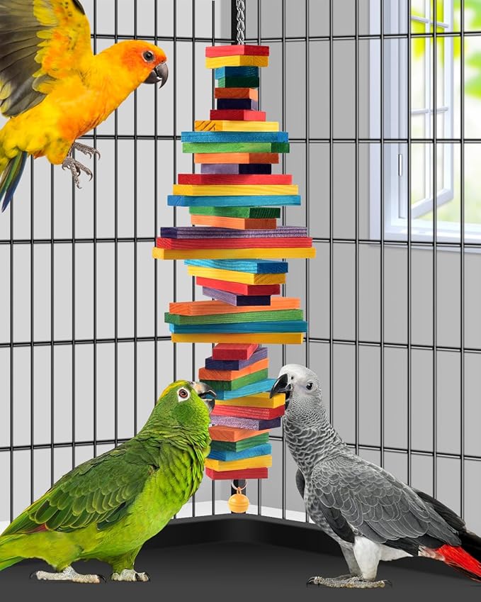 Bissap Bird Chew Toys, 20.8'' Multicolored Bagel Cascade Medium Large Parrot Chewing Sticks Biting Wooden Blocks Toy for Big Senegal Amazon Cockatoos Macaws African Grey and Similar Sized Pet Birds