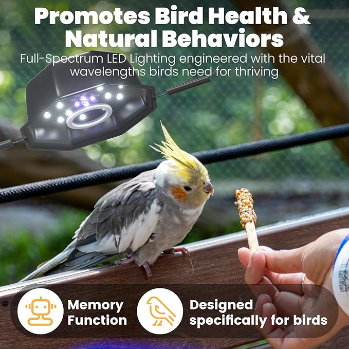 GlowUp 10W Bird Cage Light, Full Spectrum Light for Birds with Chew Guard, UVB2.4 Dimmable Octagonal LED Light Fixture with Plug and Controller, Bird Cage Accessories for Captive Birds Parrots