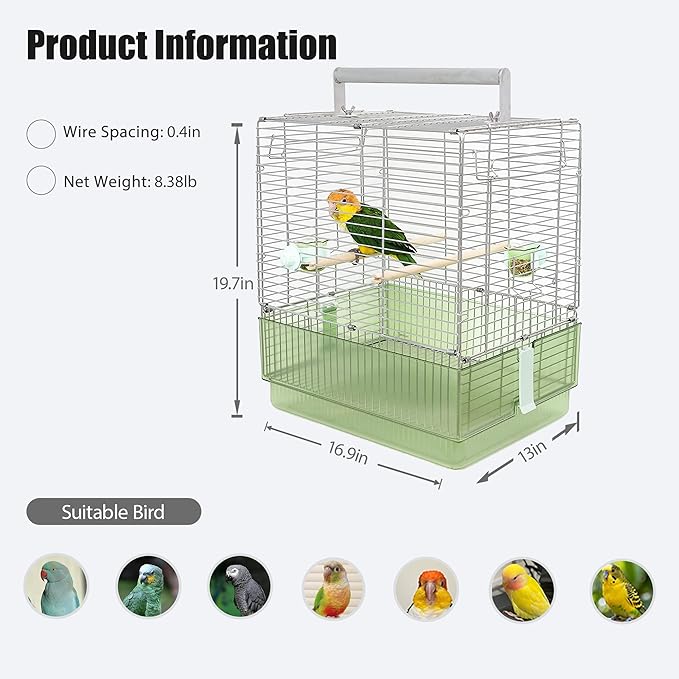 304 Stainless Steel Travel Bird Cage, 17 Inch Foldable Carrier for Conures Cockatiels Grey Parrots Caiques, with Aluminum Handle Perch (Green, Large Birdcage)