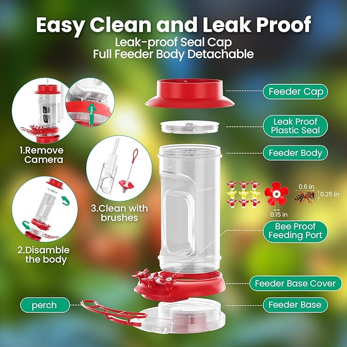 Soliom Hummingbird Feeder with Camera, Smart Feeder Camera with 2K Live View AI Identify, Leak Proof&Ant Moat&Bee Proof, Outdoor Pole/Hook Hanging, Ideal Gift for Family, 16 OZ with Solar Panel Red ﻿