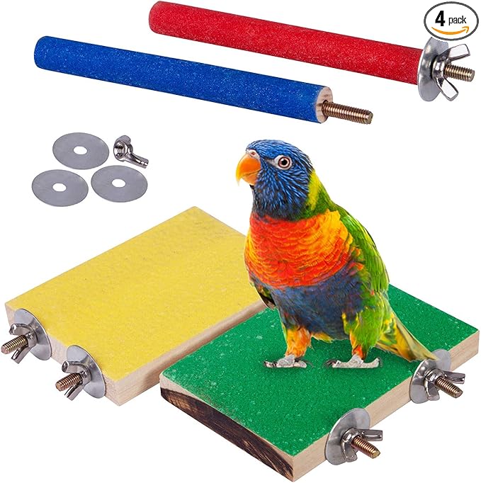 4 PCS Bird Perch Stand Toy, Wood Parrot Perch Stand Platform Paw Grinding Stick, Cage Accessories Exercise Toys Budgies Parakeet Cockatiel Conure Hamster Gerbil Rat Mouse