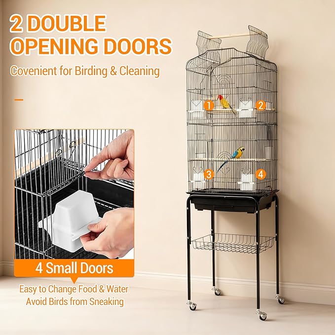 Garvee Open Top Large Parrot Bird Cage, Hanging Bird Cage with Detachable Rolling Stand and Storage Shelf, Playtop Parrot Cages Heavy-Duty Pet Birds House for Cockatiel Black