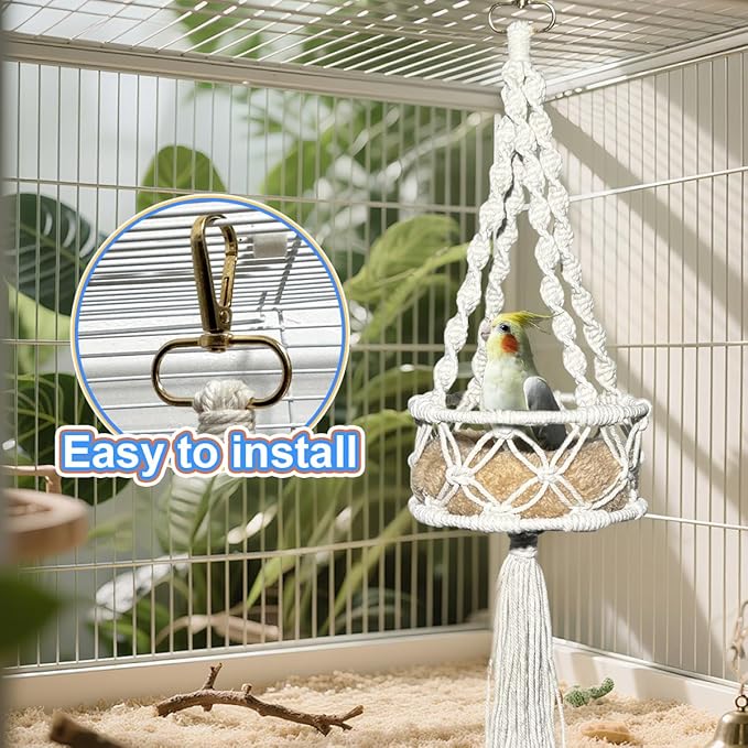 Warm Bird Cage Bird Nest, Bohemian Style Cotton Woven Hanging Small Bird Bed for Cage, Warm Nest for Canary, Lovebird, Budgie, Finch (Beige)