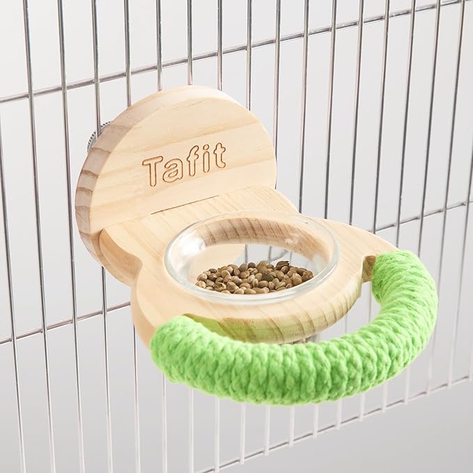 Bird Feeder & Perch – Includes Cotton Rope Perch and Glass Feeding Cup – Cage Accessory for Cockatiels, Budgies, Lovebirds, Conures, Canaries, Finches, and Small Parrots