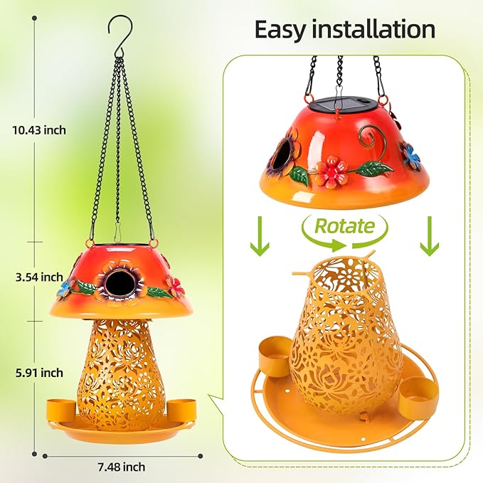 Mushroom Solar Bird Feeders for Outdoors Hanging Metal Wild Bird Feeder with S Hook for Garden Decoration Orange
