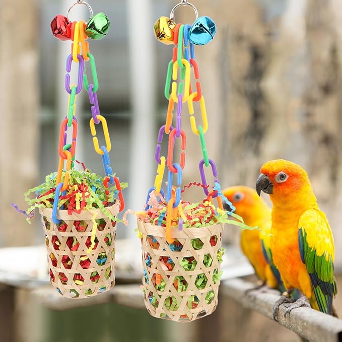 Wontee Bird Colorful Shredding Crinkles Foraging Toys Natural Sola Ball for Parrots Cockatiels Conures Budgies Senegal (Bamboo Basket (2 Pack))