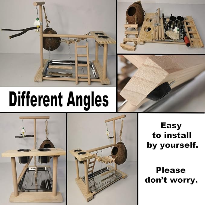 Parrots Playground Bird Play Stand Natural Wood Parrot Perch Gym Playpen Parakeet Nest with Feeder Cups Ladders Lovebirds Cage Accessories Toy Exercise Activity Center for Conure Cockatiel Lovebirds