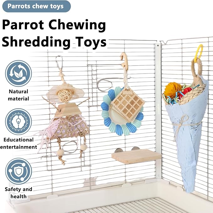 Parrot Chew Toys Set - Natural Wood & Loofah Toys with Plant-Based Dyes, 3 Pack Bird Chew Toys for Cockatiels, Conures & Small Parrots for Cage Enrichment (3 Pieces of Blue Series)