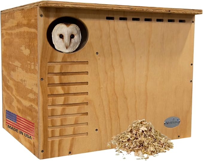 JCS Wildlife Barn Owl Nesting Box Large Owl House Crafted in USA - Exterior Grade Treated Plywood - Mounting Hardware and Pine Shavings Included - Dedicated Clean Out Door for Easy Cleaning