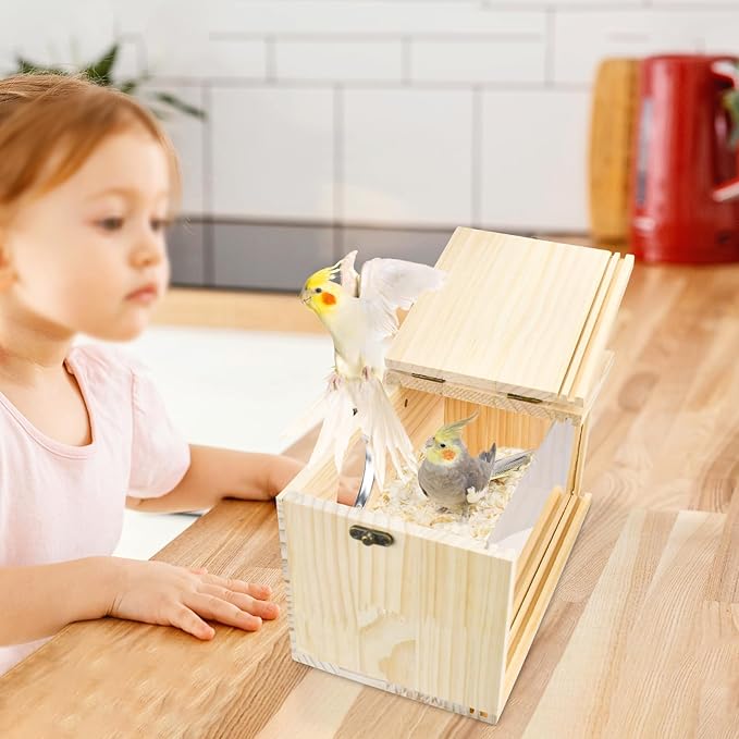 Parrot Nesting Box Cockatiel Nesting Box Bird Breeding Box House Handcrafted Wooden Acrylic Transparent Bird Box with Detachable Wooden Board for Parakeets Cockatiel Budgie Conure Parrot XL