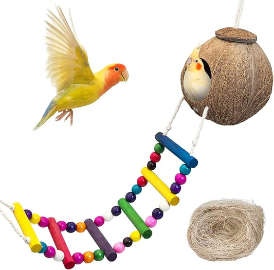 PINVNBY Hanging Coconut Bird Nest Hut with Ladder, Natural Coconut Hide Lovebird House and Colored Bead String Bird Swing for Parakeet Cockatiel Budgie Conure Canary Finch Budgies (With Coconut Fiber)