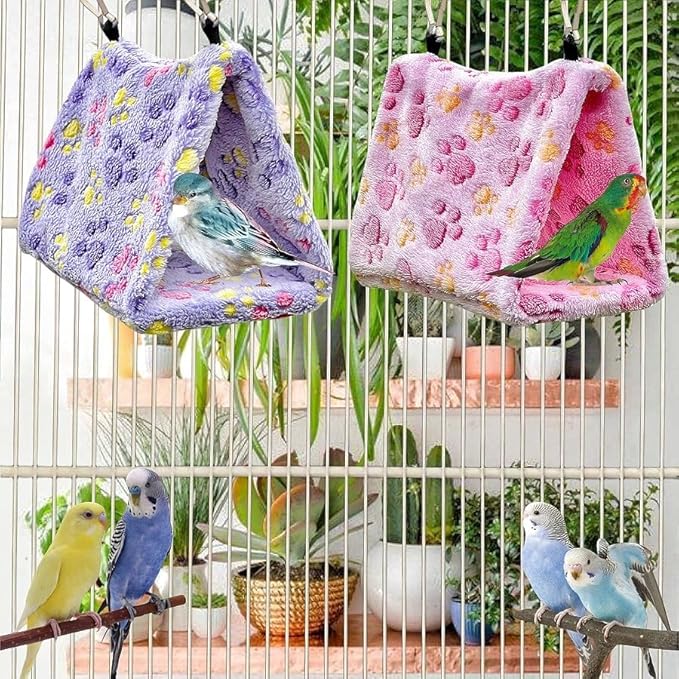 2 Pack Bird Nest Plush Snuggle Bird Hammock Hanging Bird Cave Parrot Sleeping Bed Shed Hut Hanging Tent for Budgies Finch Parakeet Cockatiel Cockatoo Lovebird-Foot Pattern (Pink&Purple)
