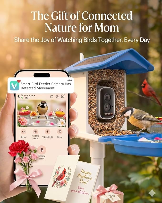 Smart Bird Feeder with Camera 2.5K QHD, AI Identify 16000+ Birds, Auto-Capture & Motion Detection, IP65 Waterproof, 5W Solar Panel, 140° Field of View, Bird Watching Gift