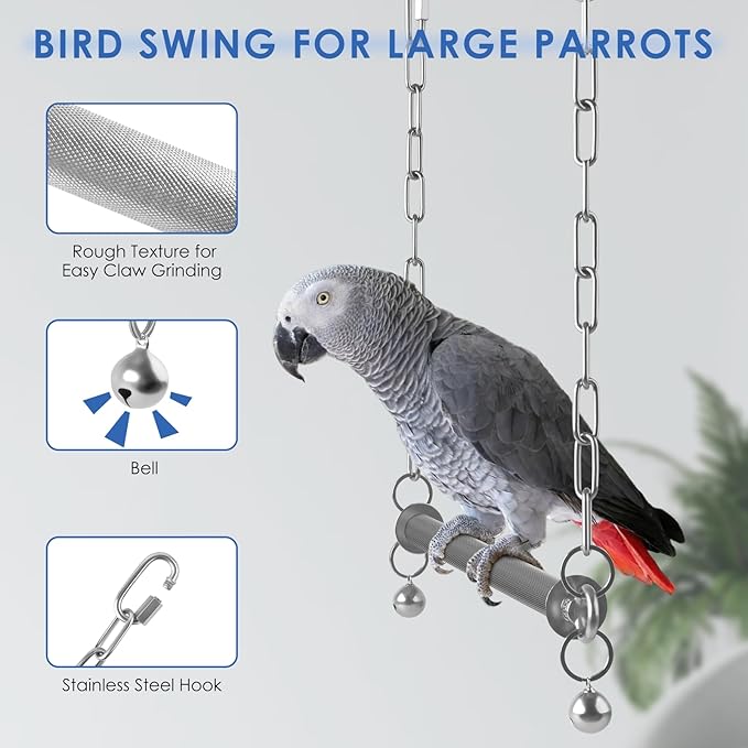 DBNESS Stainless Steel Large Bird Swing, Hanging Heavy Duty Parrot Swings Perches Stand Toys with Bell, Claw Grinding Birdcage Accessories for Macaw Afican Grey Amazon Cockatoo