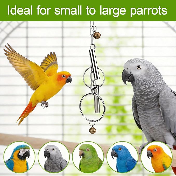 Durable Stainless Steel Bird Bell Toy with Hanging Metal Rings - Heavy Duty Parrot Cage Accessory for Macaws, Cockatoos & Large Birds, Engaging Sound & Chew Resistant Pet Enrichment Toys