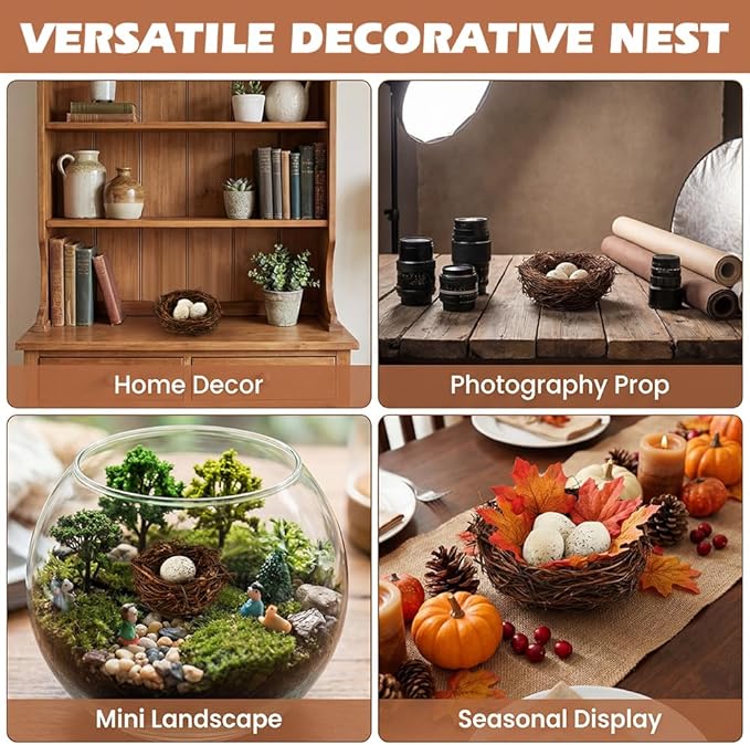 Bird Nest Decor for Crafts, 24-Piece Set with 8 Rattan Nests (2.36/3.15 in Dia) and 16 Faux Eggs (About 1.18 in L), Brown Tan for Wreaths Centerpieces Shelves