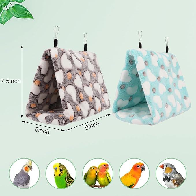 2PCS Bird Bed for Cage, Warm Cozy Hanging Bird Hammock Hut Tent for Parrot, Finch, Budgies, Parakeets, Cockatiels, Soft Plush Hideaway Bird Hut Beds (Coffe+Green)