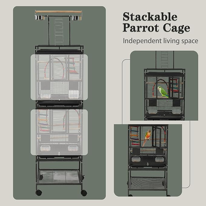 68" Double Bird Cage,Stackable Divided Parakeet Cage, Parrot Cages for Medium Birds with Bird cage Toys,Birdcage Seed Catcher,for Cockatiels Canaries Lovebirds Finches Budgies Small Parrots