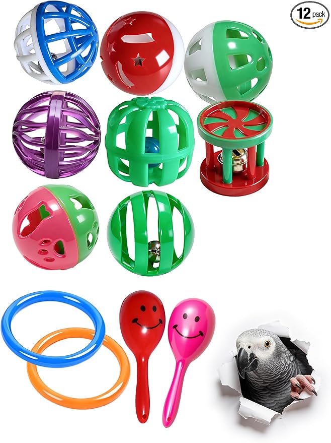 12 Pack Bird Toys, Interactive Bell Rattles and Bite Resistant Toys for Parrots, Parakeets and Small Birds