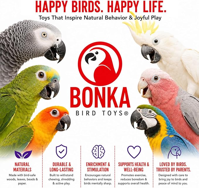 Bonka Bird Toys 1042 Huo Foraging Hearts Bird Toy for Medium Large Birds Interactive Shredding and Chewing Cage Toy Colorful Palm Leaf and Paper Enrichment Toy 12.5"
