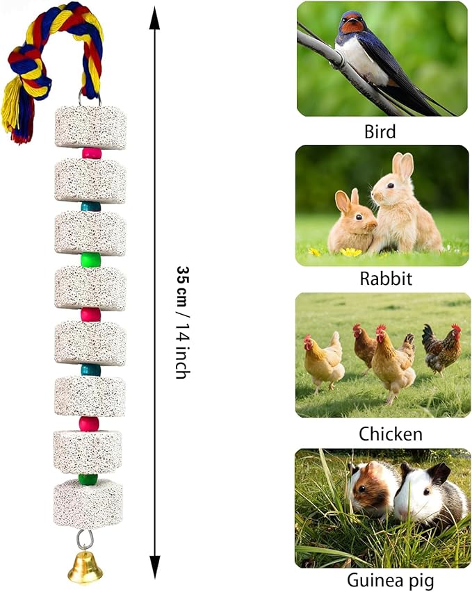 2 Pack Mineral Block Chicken Chewing Toy, KABASI Bird Beak Grinding Calcium Stone with Bells, Chicken Coop Accessories for African Grey, Budgies Cockatiels Parrot Hens Geese Ducks Hamster Rabbit