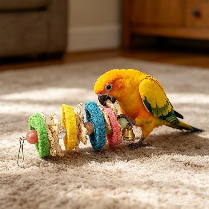 Hypeety Pet Bird Parrot Swing Chewing Toy Natural Sepa Takraw with Happy Twist Colorful Bead Swing Bell
