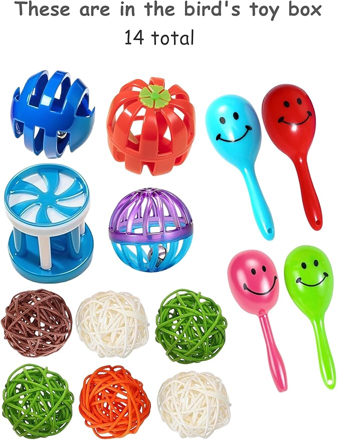 14-Piece Bird Toys Set for Parrots & Parakeets – Chew Balls with Bells, Woven & Rattle Toys (1.6'' - 2.8'')